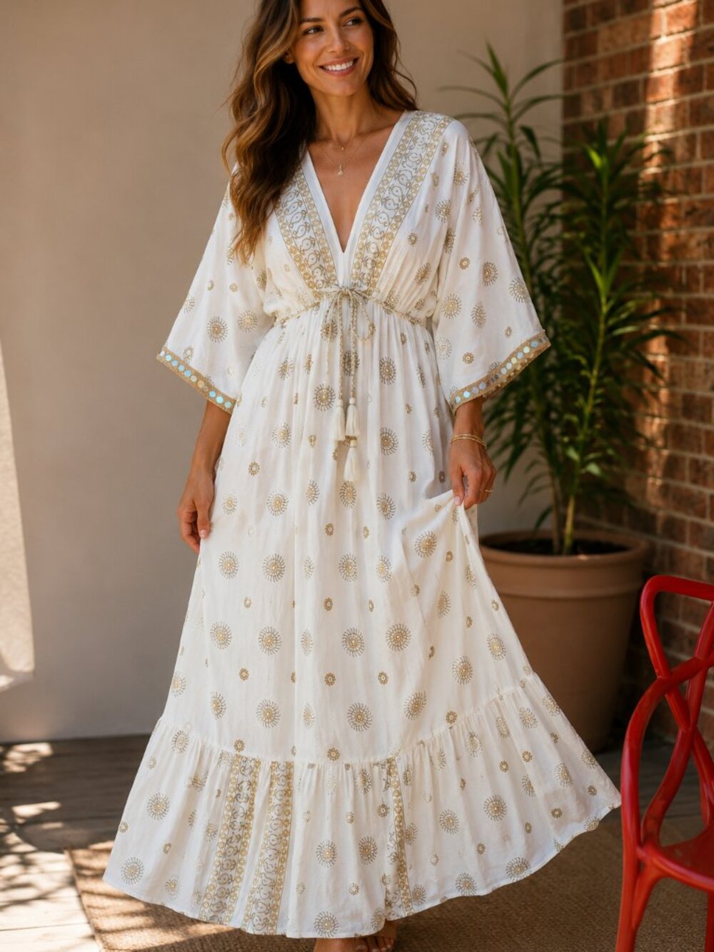 Double Decker White Gold Mirror Maxi Dress Deep V Tassel Boho Resort Free Size
